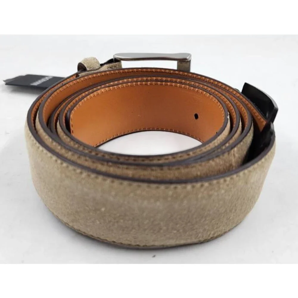 Magnanni Telante Suede & Leather Belt Men's 44 Taupe Nickel-Tone Square Buckle